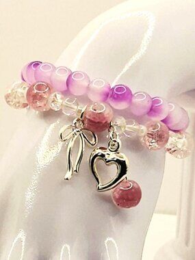 Purple Coquette Bracelet Stack, Bow Heart Charm Bracelet, Beaded Jewelry